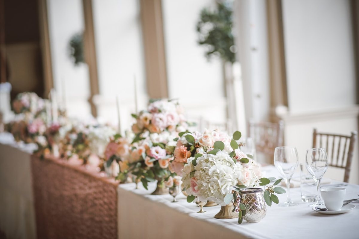 A table set for a wedding reception in the Long Room