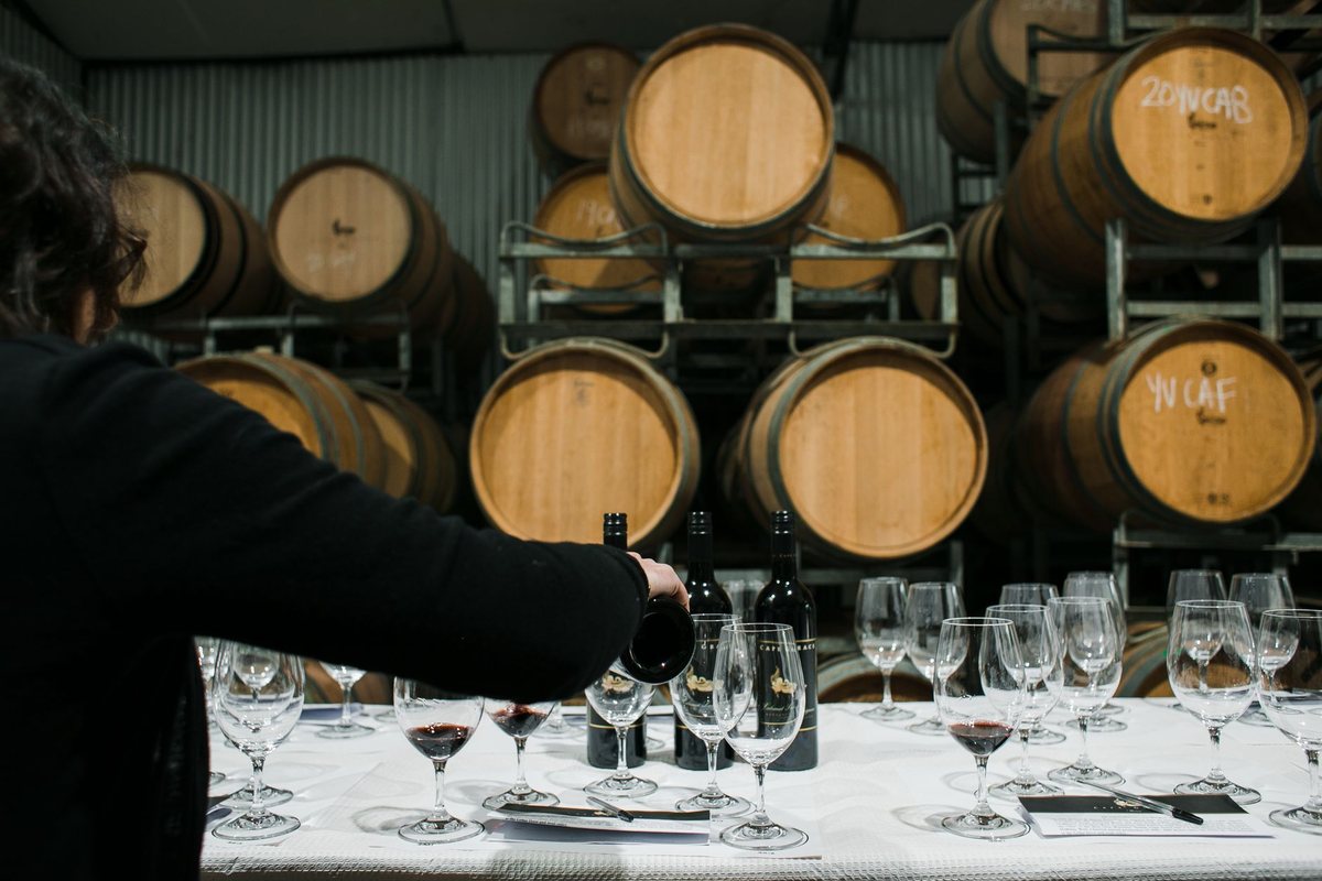 Wine glasses set out for a tasting